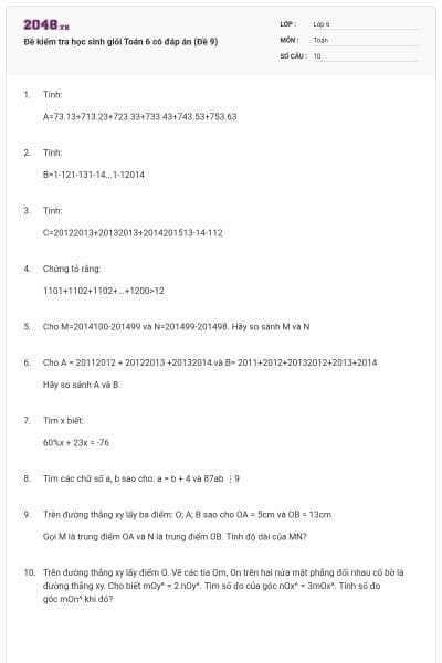 Đề kiểm tra học sinh giỏi Toán 6 có đáp án (Đề 9)