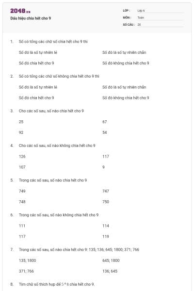 Dấu hiệu chia hết cho 9