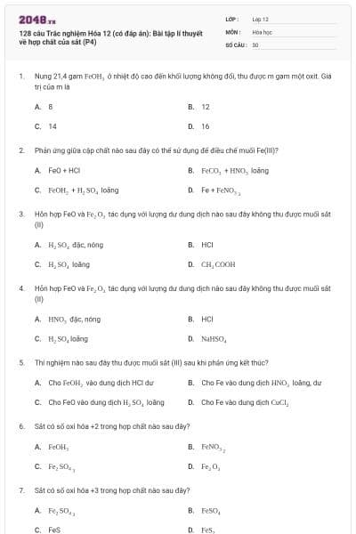 128 câu  Trắc nghiệm Hóa 12 (có đáp án): Bài tập lí thuyết về hợp chất của sắt (P4)