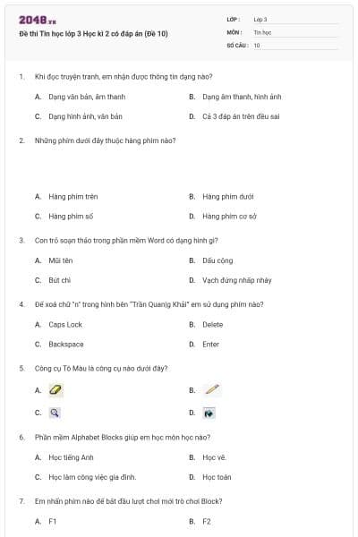 Đề thi Tin học lớp 3 Học kì 2 có đáp án (Đề 10)