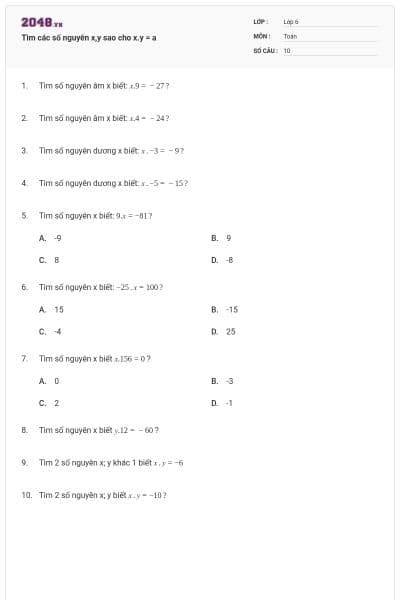 Tìm các số nguyên x,y sao cho x.y = a