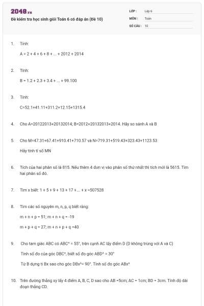 Đề kiểm tra học sinh giỏi Toán 6 có đáp án (Đề 10)