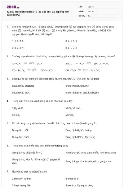 42 câu Trắc nghiệm Hóa 12 (có đáp án): Bài tập hợp kim của sắt (P2)
