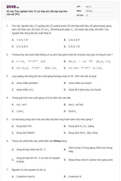 42 câu Trắc nghiệm Hóa 12 (có đáp án): Bài tập hợp kim của sắt (P2)