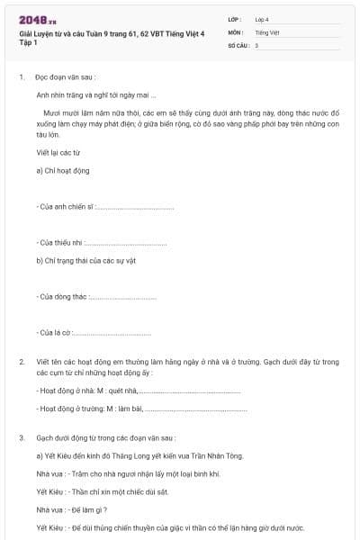 Giải Luyện từ và câu Tuần 9 trang 61, 62 VBT Tiếng Việt 4 Tập 1