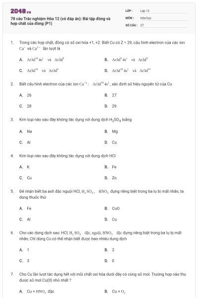 78 câu Trắc nghiệm Hóa 12 (có đáp án): Bài tập đồng và hợp chất của đồng (P1)