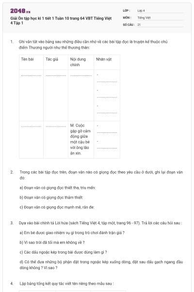 Giải Ôn tập học kì 1 tiết 1 Tuần 10 trang 64 VBT Tiếng Việt 4 Tập 1