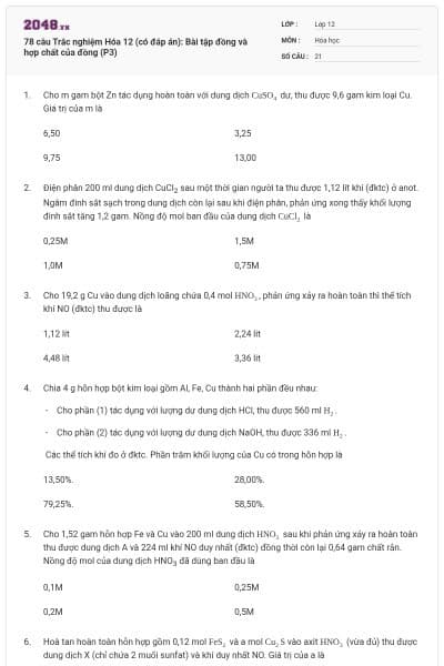 78 câu Trắc nghiệm Hóa 12 (có đáp án): Bài tập đồng và hợp chất của đồng (P3)