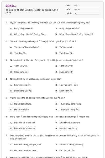 Đề kiểm tra 15 phút Lịch Sử 7 Học kì 1 có đáp án (Lần 1 - Đề 1)