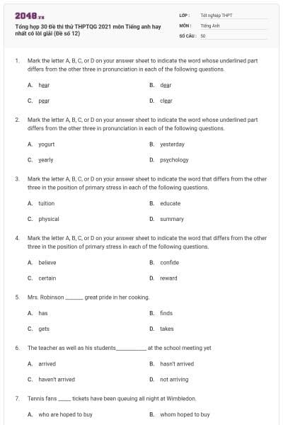 Tổng hợp 30 Đề thi thử THPTQG 2021 môn Tiếng anh hay nhất có lời giải (Đề số 12)
