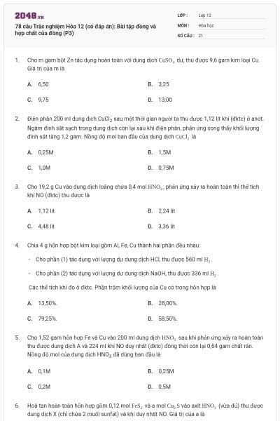 78 câu Trắc nghiệm Hóa 12 (có đáp án): Bài tập đồng và hợp chất của đồng (P3)