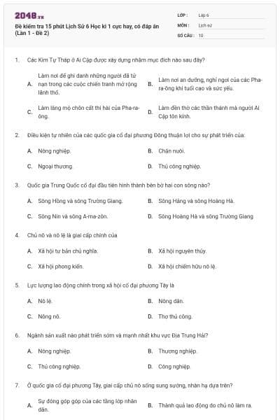 Đề kiểm tra 15 phút Lịch Sử 6 Học kì 1 cực hay, có đáp án (Lần 1 - Đề 2)
