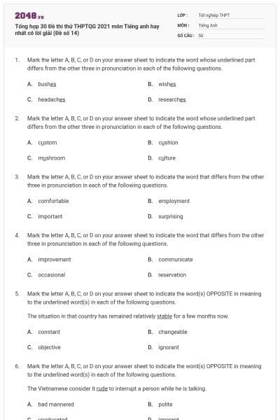 Tổng hợp 30 Đề thi thử THPTQG 2021 môn Tiếng anh hay nhất có lời giải (Đề số 14)