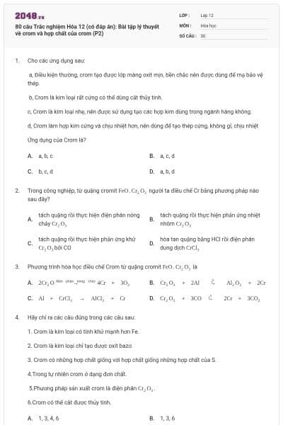 80 câu Trắc nghiệm Hóa 12 (có đáp án): Bài tập lý thuyết về crom và hợp chất của crom (P2)