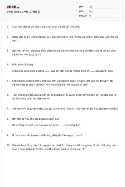 Đề thi giữa kì 2 Vật Lí 7 (Đề 5)