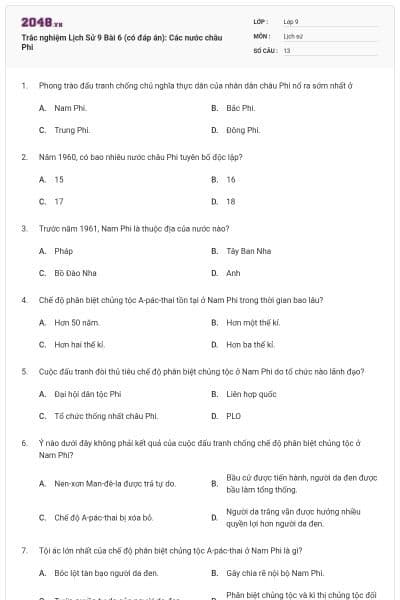 Trắc nghiệm Lịch Sử 9 Bài 6 (có đáp án): Các nước châu Phi