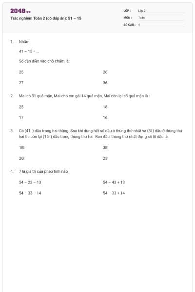 Trắc nghiệm Toán 2 (có đáp án): 51 – 15