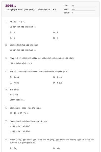 Trắc nghiệm Toán 2 (có đáp án): 11 trừ đi một số 11 – 5