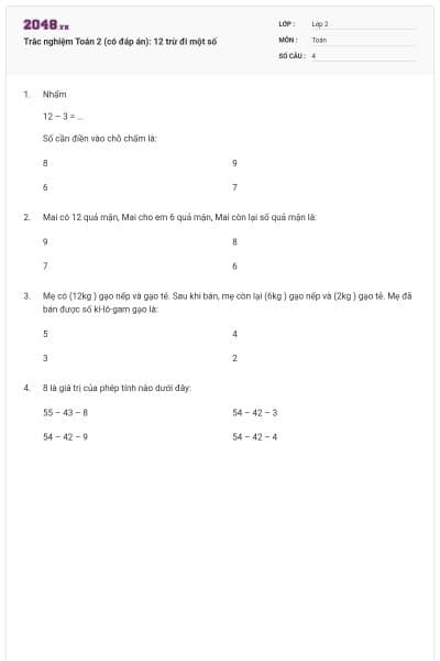 Trắc nghiệm Toán 2 (có đáp án): 12 trừ đi một số