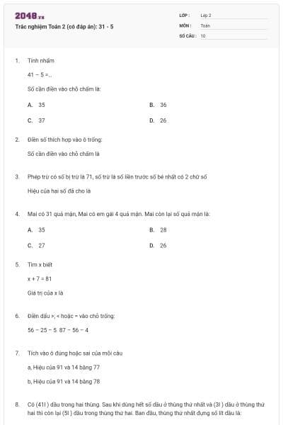 Trắc nghiệm Toán 2 (có đáp án): 31 - 5