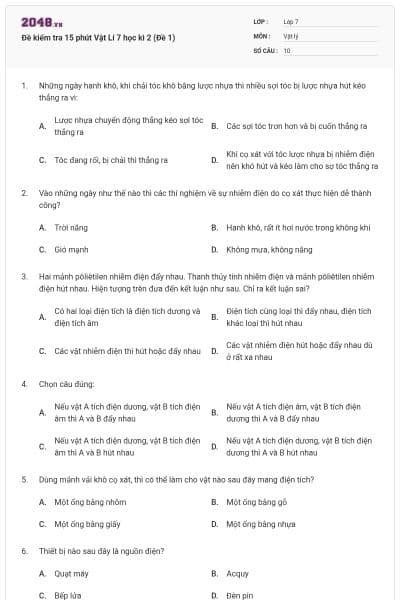 Đề kiểm tra 15 phút Vật Lí 7 học kì 2 (Đề 1)