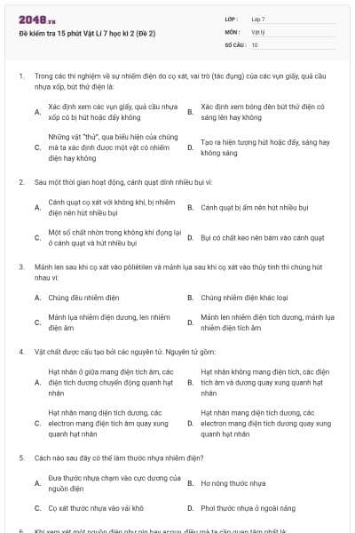 Đề kiểm tra 15 phút Vật Lí 7 học kì 2 (Đề 2)