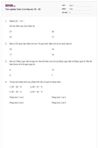 Trắc nghiệm Toán 2 (có đáp án): 52 - 28