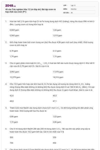 40 câu Trắc nghiệm Hóa 12 (có đáp án): Bài tập crom và hợp chất của crom (P1)