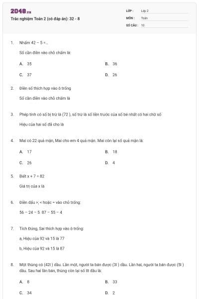 Trắc nghiệm Toán 2 (có đáp án): 32 - 8
