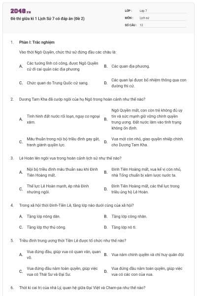Đề thi giữa kì 1 Lịch Sử 7 có đáp án (Đề 2)