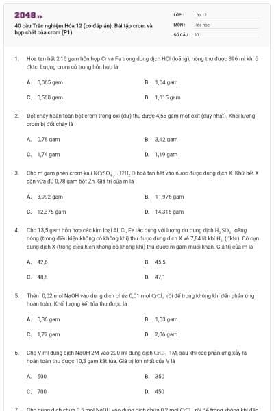 40 câu Trắc nghiệm Hóa 12 (có đáp án): Bài tập crom và hợp chất của crom (P1)
