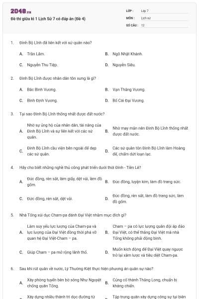 Đề thi giữa kì 1 Lịch Sử 7 có đáp án (Đề 4)