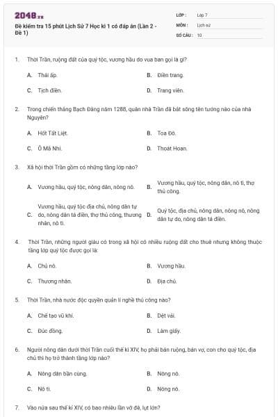 Đề kiểm tra 15 phút Lịch Sử 7 Học kì 1 có đáp án (Lần 2 - Đề 1)