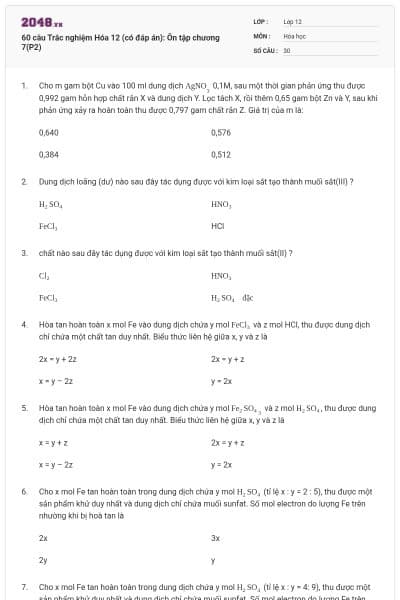 60 câu Trắc nghiệm Hóa 12 (có đáp án): Ôn tập chương 7(P2)