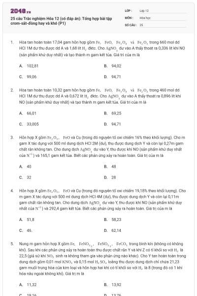 25 câu Trắc nghiệm Hóa 12 (có đáp án): Tổng hợp bài tập crom-sắt-đồng hay và khó (P1)