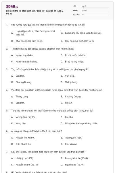 Đề kiểm tra 15 phút Lịch Sử 7 Học kì 1 có đáp án (Lần 2 - Đề 2)