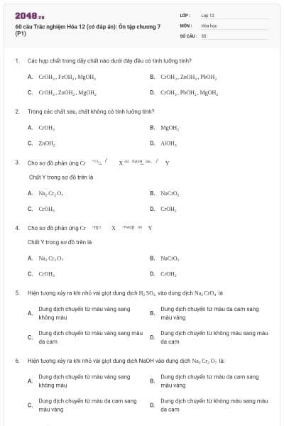 60 câu Trắc nghiệm Hóa 12 (có đáp án): Ôn tập chương 7 (P1)