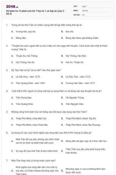 Đề kiểm tra 15 phút Lịch Sử 7 Học kì 1 có đáp án (Lần 2 - Đề 4)