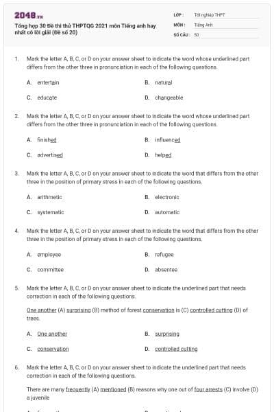 Tổng hợp 30 Đề thi thử THPTQG 2021 môn Tiếng anh hay nhất có lời giải (Đề số 20)