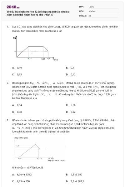 30 câu Trắc nghiệm Hóa 12 (có đáp án): Bài tập kim loại kiềm-kiềm thổ-nhôm hay và khó (Phần 1)