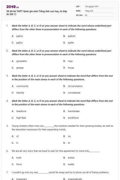30 đề thi THPT Quốc gia môn Tiếng Anh cực hay, có đáp án (Đề 1)