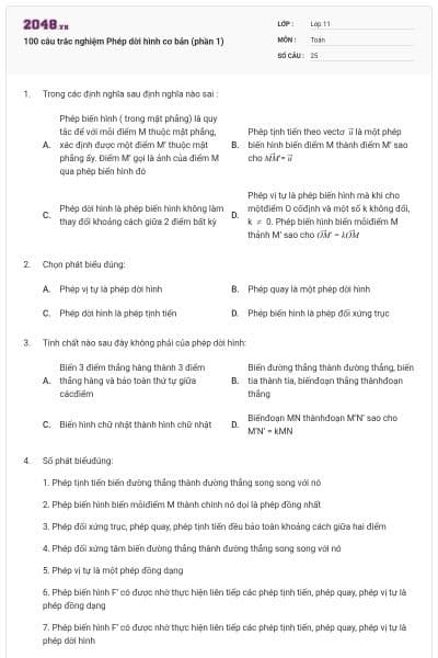 100 câu trắc nghiệm Phép dời hình cơ bản (phần 1)