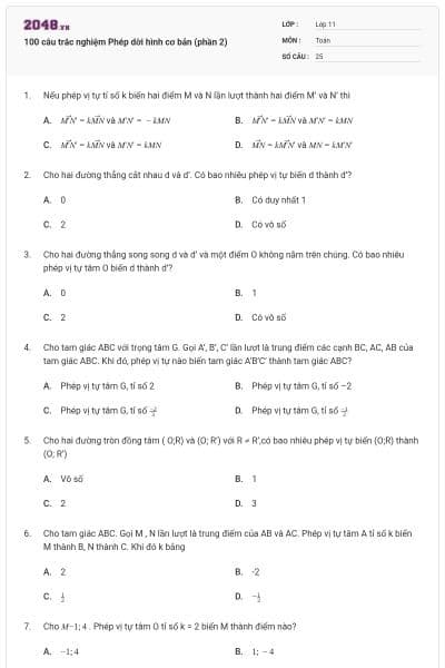 100 câu trắc nghiệm Phép dời hình cơ bản (phần 2)