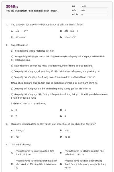 100 câu trắc nghiệm Phép dời hình cơ bản (phần 4)
