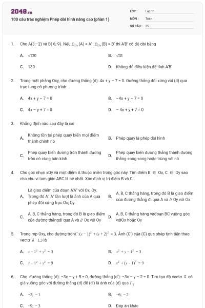 100 câu trắc nghiệm Phép dời hình nâng cao (phần 1)
