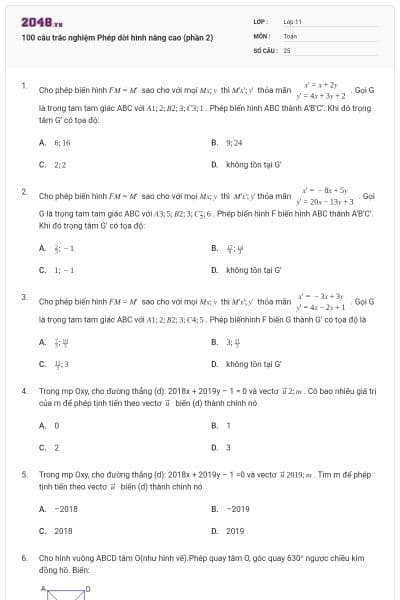 100 câu trắc nghiệm Phép dời hình nâng cao (phần 2)