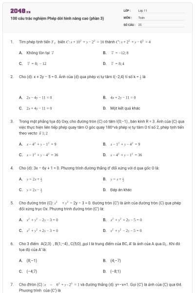 100 câu trắc nghiệm Phép dời hình nâng cao (phần 3)