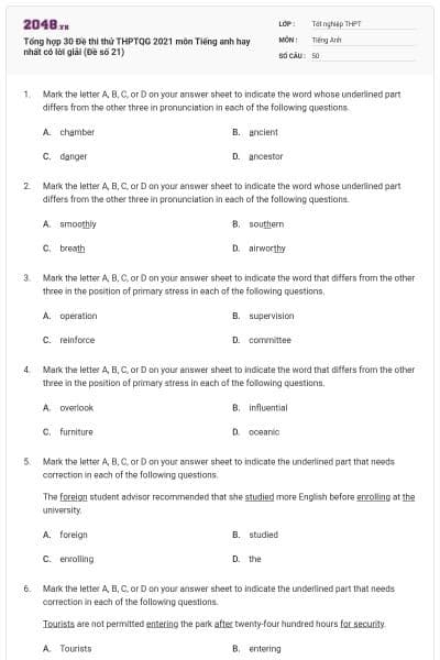 Tổng hợp 30 Đề thi thử THPTQG 2021 môn Tiếng anh hay nhất có lời giải (Đề số 21)