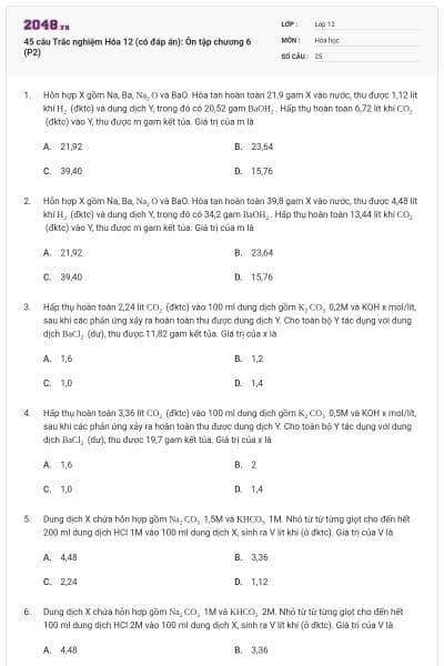 45 câu Trắc nghiệm Hóa 12 (có đáp án): Ôn tập chương 6 (P2)