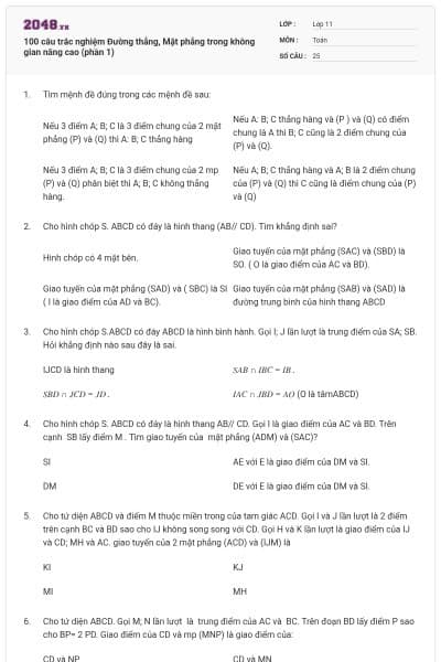 100 câu trắc nghiệm Đường thẳng, Mặt phẳng trong không gian nâng cao (phần 1)